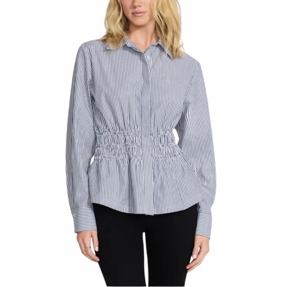 NEW Steve Madden Smock Waist Stripe Button Up 100% Cotton Longsleeve Top, Size M